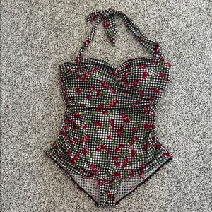 Black Gingham Cherry Halter One-Piece Swimsuit
